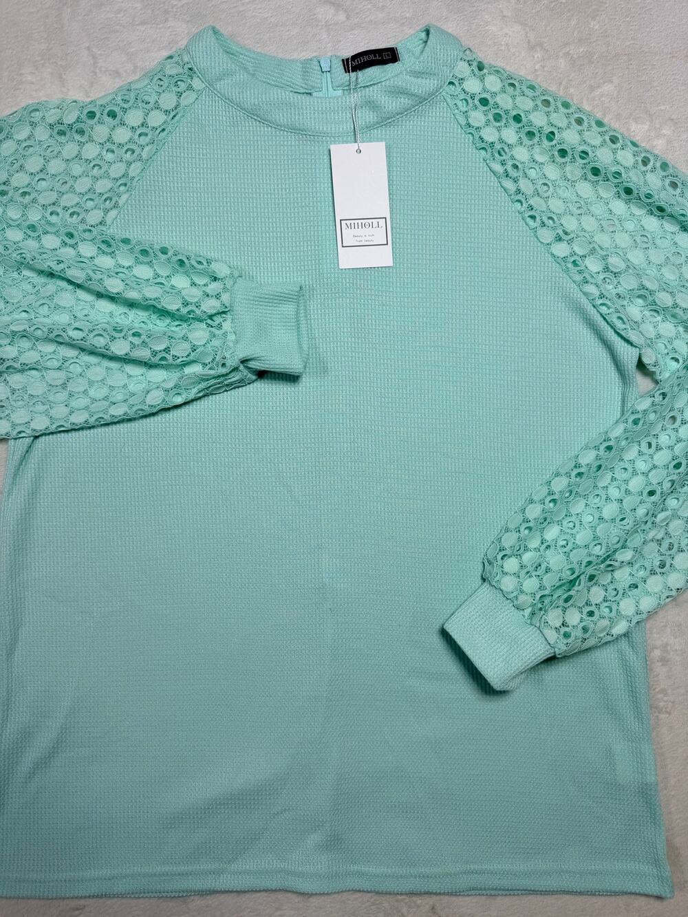 Miholl Lace Raglan Sleeve Waffle Knit Blouse Top Mint Green Womens Size L